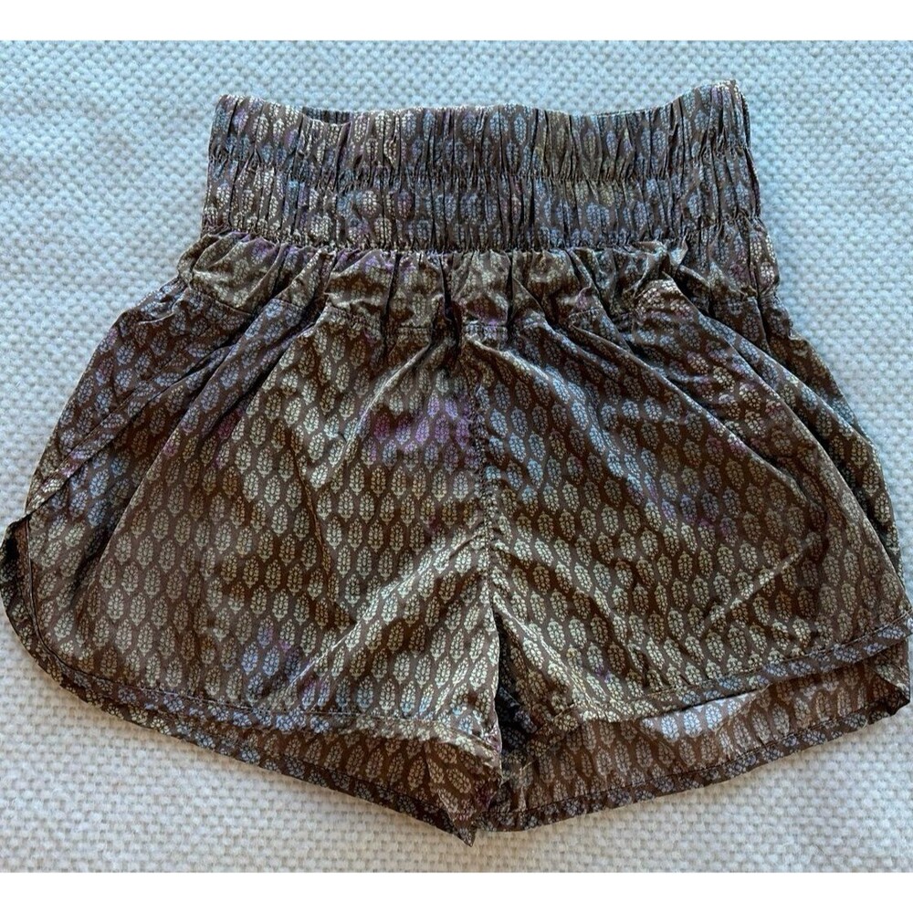 Free People XS Brown Metallic Patterned Smocked Waist Shorts Boho